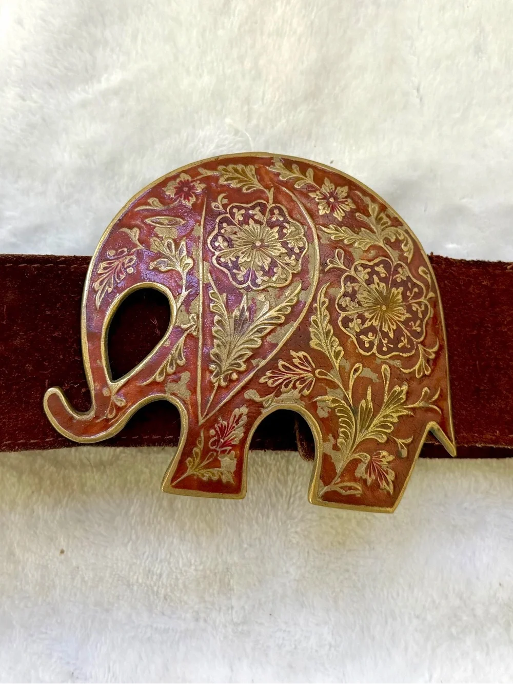 Enamel Brass Belt Buckle Elephant Floral Reddish Maroon Brown Detailed Vintage
